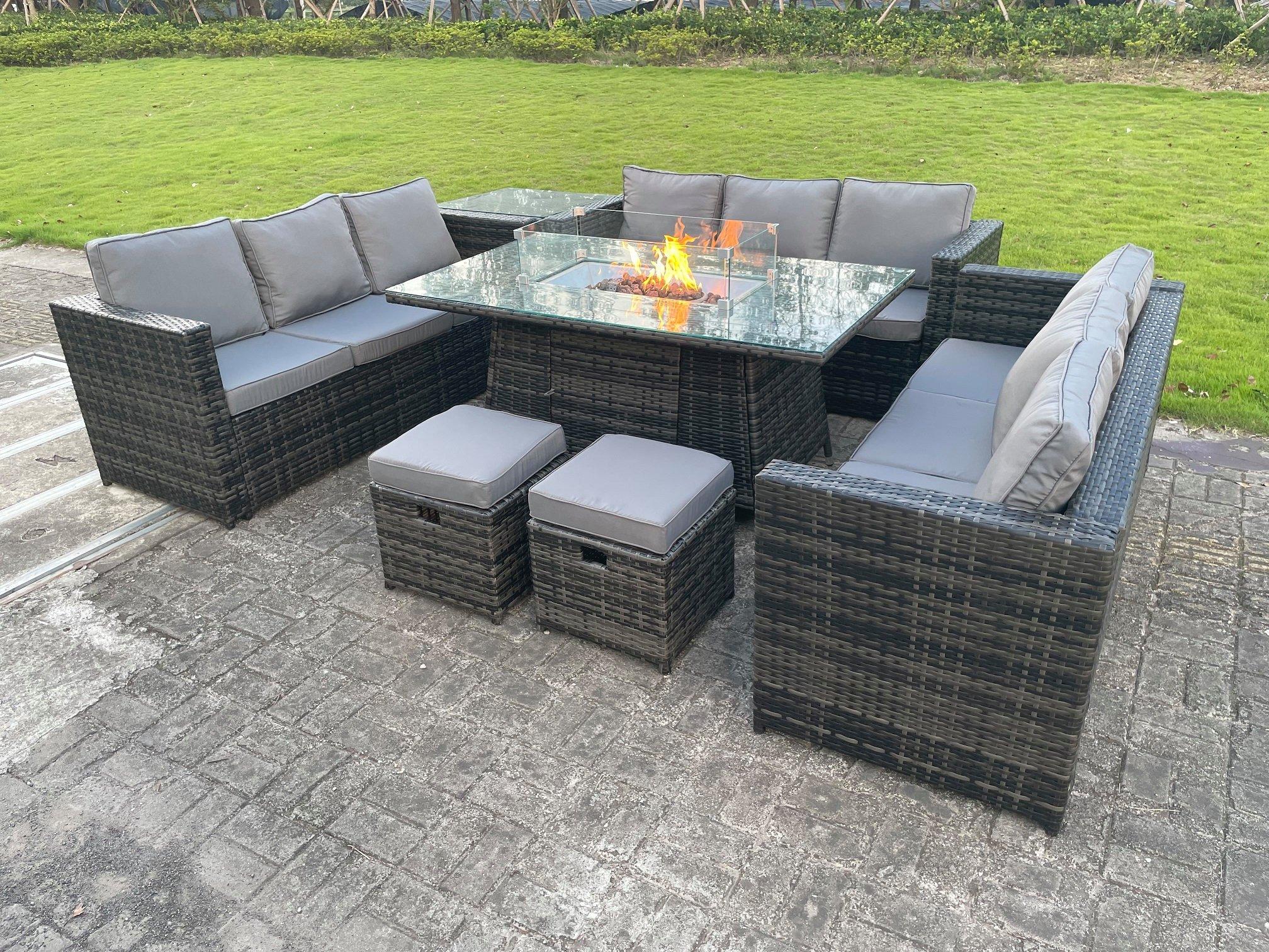 Outdoor Rattan Garden Furniture Gas Fire Pit Dining Table Gas Heater Sets Side Table Small Footstool